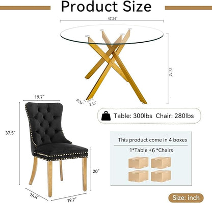Goujxcy Round Dining Table Set for 6, Modern Glass Kitchen Table and Chairs Set of 6, 7-Piece Dining Room Table Set w/47 Circle Gold Glass Dining Table and 6 Upholstered Velvet Chairs