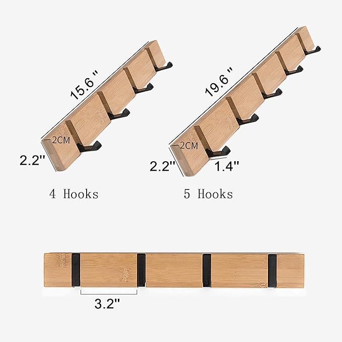Wall Mounted Coat Rack with Foldable Hooks - Modern Space-Saving Wooden Entryway Organizer for Coats, Bags, Hats, Keys (4 Hooks, Natural Finish