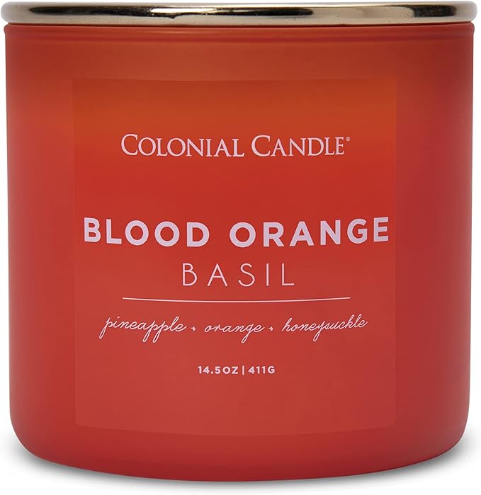 Colonial Candle Blood Orange Basil Scented Jar Candle, Pop of Color Collection, 3 Wick, Orange, 14.5 oz - Up to 60 Hours Burn