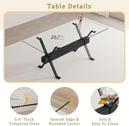 Glass Dining Table 71"｜Modern Dining Table for 6｜0.4" Thick Tempered Glass Top｜Matte Black Metal Legs｜Black Crossbar｜Easy Assembly｜Perfect for Dining Room or Kitchen