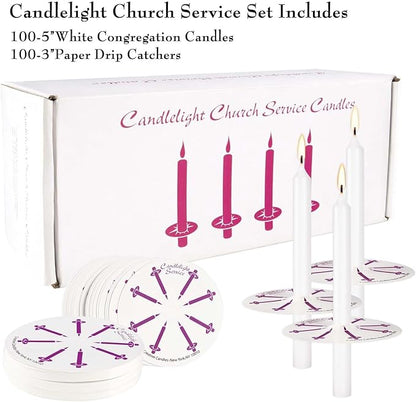 100 pcs Church Candles with Drip Protectors for Devotional Candlelight Vigil Service, Unscented White 5" H X 1/2" D, No Smoke, Shabbat, Praye