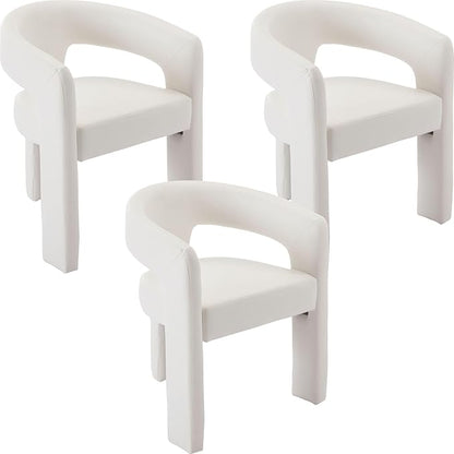 Set of 3 Modern PU Leather Upholstered Dining Chairs with Open-Back, Cute Barrel Side Chairs Kitchen Armchair Accent Chairs for Dining Room Bedroom, White