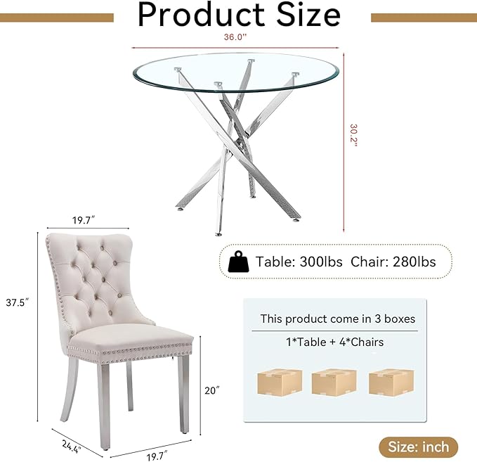 Goujxcy 5 Piece Round Glass Dining Table Set for 4, 36" Round Dining Table & Chair Set Modern Circle Glass Kitchen Table and 4 Velvet Upholstered Chairs for Kitchen Dining (Silver Table & Beige Chair)