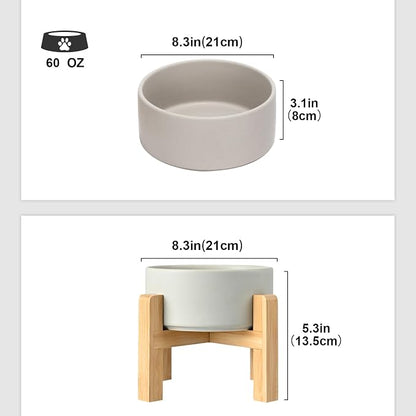 SPUNKYJUNKY Ceramic Elevated Dog Bowls 2 Pack - 8.3inch Raised Dog Bowls with Non-Slip Wooden Stand for Large Dogs Dishwasher Safe(Grey,60OZ*2)