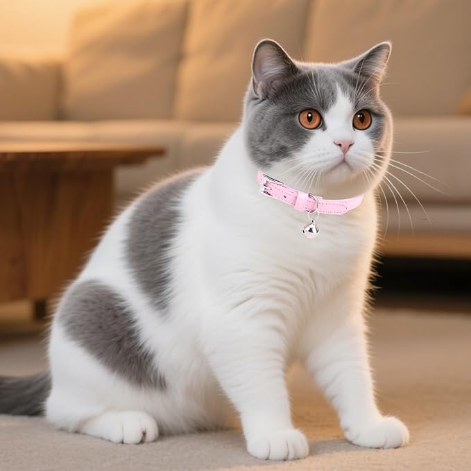 PUPTECK 2 PCS Soft Genuine Leather Cat Kitten Collar with Bells Adjustable for Girl Boy Cats Puppy, Rose Pink