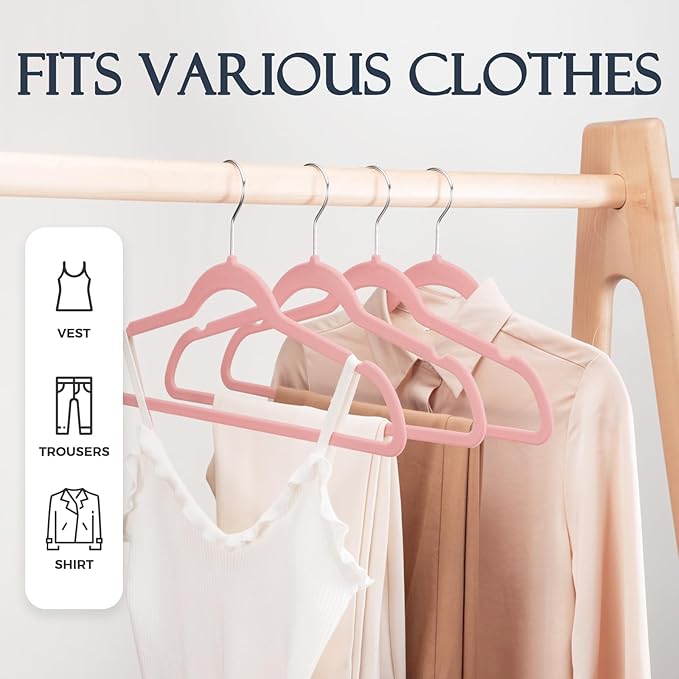 HOUSE DAY Lt Pink Velvet Hangers 60 Pack, Non Slip Clothes Felt Hanger Heavy Duty for Coat, Premium Slim Space Saving Suit Hangers for Closet Organizer, 360° Rotating Silver Hook