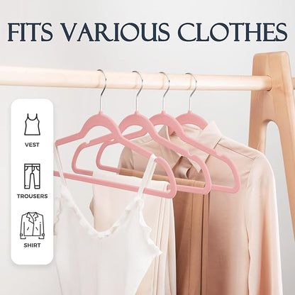 HOUSE DAY Lt Pink Velvet Hangers 60 Pack, Non Slip Clothes Felt Hanger Heavy Duty for Coat, Premium Slim Space Saving Suit Hangers for Closet Organizer, 360° Rotating Silver Hook