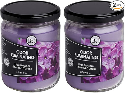 Lilac Blossom Two Pack Odor Eliminating Highly Fragranced Candle - Eliminates 95% of Pet, Smoke, Food, and Other Smells Quickly - Up to 80 Hour Burn time - 12 Ounce Premium Soy Blend