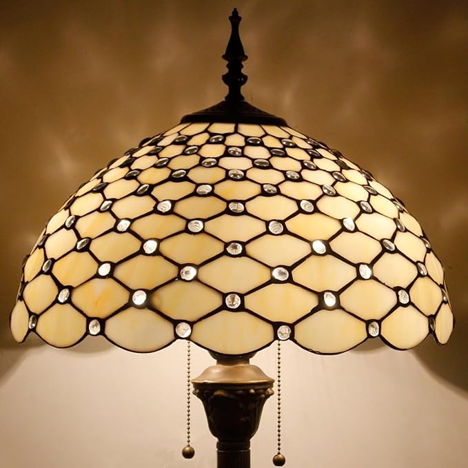 WERFACTORY Tiffany Floor Lamp Cream Amber Stained Glass Bead Standing Reading Light 16X16X64 Inches Antique Pole Corner Lamp Decor Bedroom Living Room Home Office S005 Series