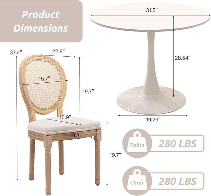 SoarFlash Kitchen Table and Chairs for 2, 31.5" Dining Table Set for 2 with French Dining Chairs, 3 Piece Round Kitchen Table Set, Dining Room Table Set for Small Space, Apartment