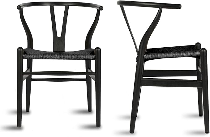 Tomile Wishbone Chair Y Chair, Wooden Dining Chairs Set of 2, Mid Century Modern Chairs with Arms, Solid Wood Weave Seat Kitchen & Dining Room Chairs (Ash Wood - Black)