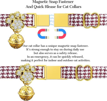 Personalized Breakaway Cat Collars - Magnetic Buckle, Bell - Safety Quick Release, Customized for Girls & Boys Cats - Houndstooth