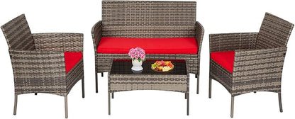 FDW Outdoor Patio Furniture Set Wicker Patio Set PE Rattan Furniture Bistro Set for Outdoor Indoor Use with Loveseats Coffee Table, Red Cushions, 4 Pieces