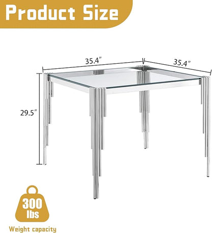 35" Square Glass Dining Table for 2-4, Modern Silver Tempered Glass Kitchen Table with Stainless Steel Legs for for Small Space, Kitchen, Living Room