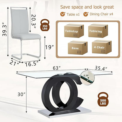 63'' Glass Dining Table Set for 4, Kitchen Table Chairs Set of 4, Clear Glass Dining Table with Black unique design Leg and Silver Metal Base, 4 PU Dining Chairs with Metal Legs, Living Room, Kitchen.