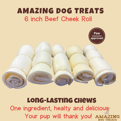 Amazing Dog Treats - Beef Cheek Rolls (6" Regular - 40 Pcs Bulk) - Safe Rawhide Alternative Dog Chew - Great for Power Chewers - Long Lasting Dog Chew - Retriever Rolls for Dogs…