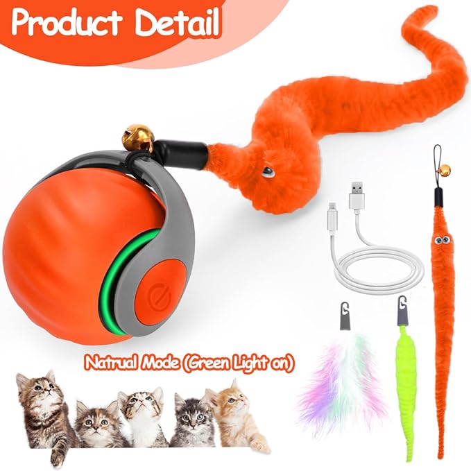 Interactive Cat Ball Toy, Self Rolling Ball with Cover Anti-Scratch for Bored Indoor Cat Chasing, Obstacle Avoidance Smart Cat Toys for Enrichment, Motion Activated Toys to Keep Them Busy （Orange）