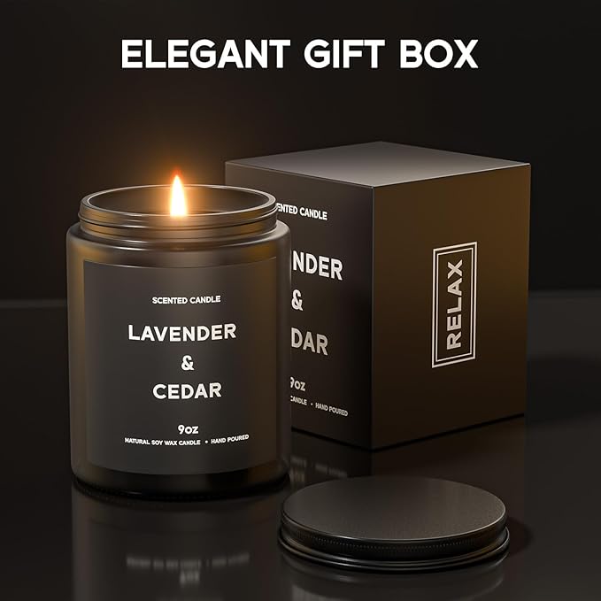 Lavender＆Cedar Candle, 9oz Scented Candle for Men, Scented Candles for Home, Soy Candle Gifts for Men, Personalized Blessing Minimalist Men's Scented Candle