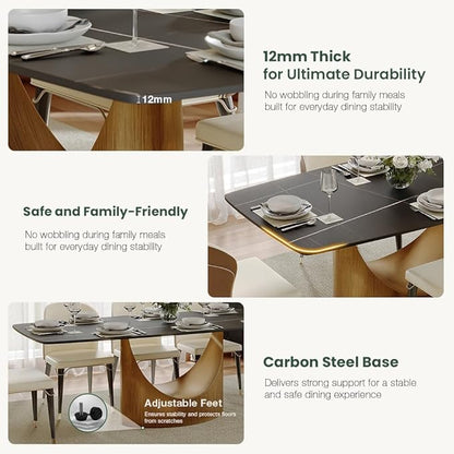 POVISON 63" Hobart Modern Dining Table for 4, Matte Black Heavy-Duty Rectangle Dining Table, Sintered Stone Dining Tabletop with Bronze Carbon Steel Pedestal (Table Only)