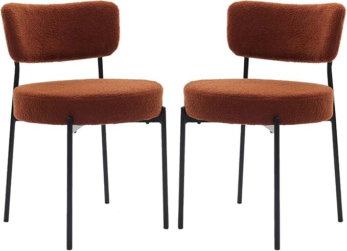 Brown Boucle Dining Chairs Set of 2, Upholstered Dinner Chair with Metal Frame, Dining Room Chairs with Padded Seat, Round Modern Seating for Living Room