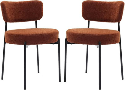 Brown Boucle Dining Chairs Set of 2, Upholstered Dinner Chair with Metal Frame, Dining Room Chairs with Padded Seat, Round Modern Seating for Living Room