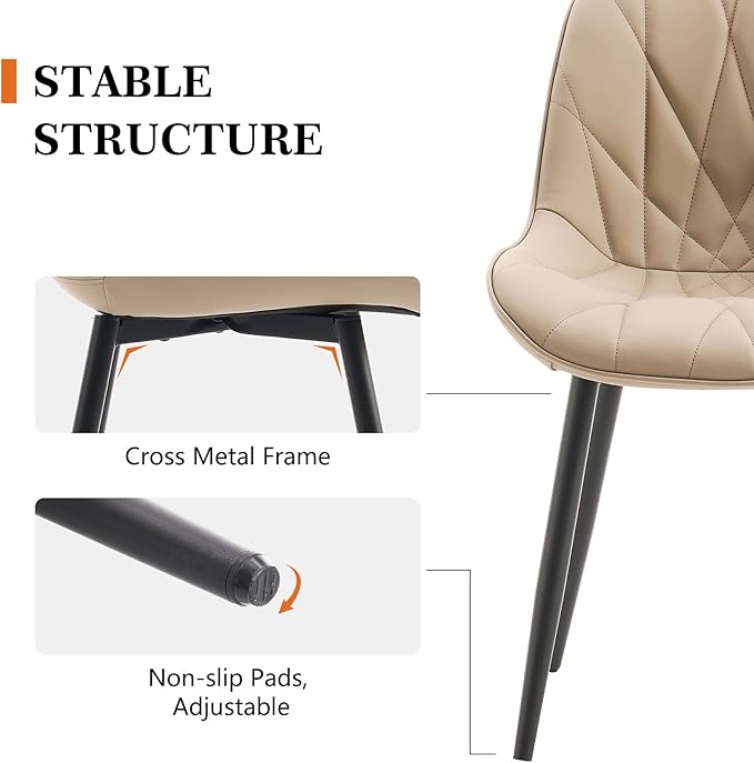 Rowill Dining Chairs Set of 2 - Modern Kitchen Chairs with Soft Backrest, Sturdy Metal Legs & Non-Slip Pads, Suitable for Home Kitchen, Faux Leather Upholstered Seats for Dining Room, Khaki