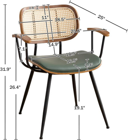 Rattan Dining Room Chairs Set of 4,Mid Century Modern Kitchen Side Chairs,Metal Legs Desk Chair,Faux Leather Accent Chair with Arms and Rattan Backrest Green PU
