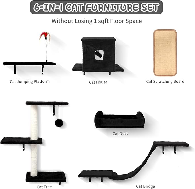 Cat Wall Shelves, 6 in 1 Cat Wall Furniture Set with Condos House, Bed, Bridge, Tree, Steps, Scratching Board, DIY Walls Playground for Indoor (Black)