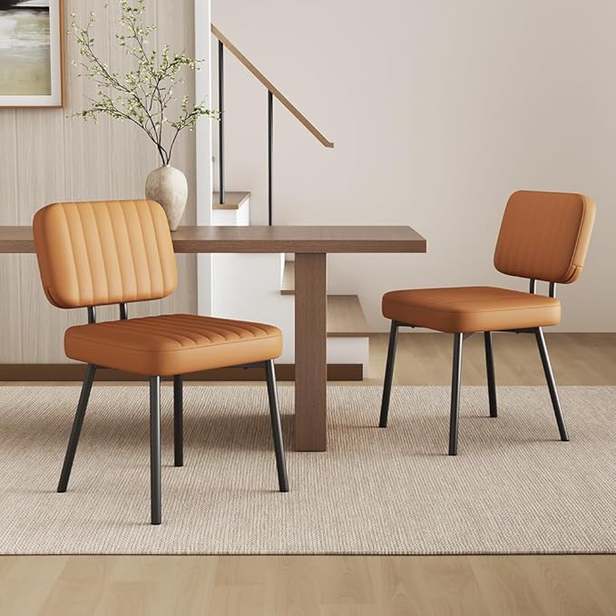 Dining Chairs Set, Upholstered Mid Century Modern Kitchen Dining Room Accent Chairs with Faux Leather Cushion Seat & Metal Legs for Kitchen, Living Room (Brown, Set of 2)