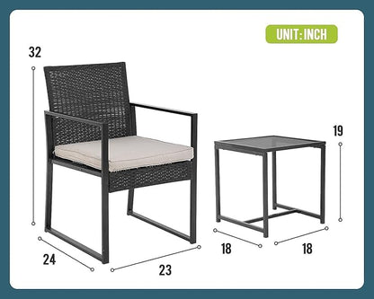FDW 3 Pieces Outdoor Patio Furniture Wicker Bistro Rattan Chair Conversation Sets for Yard Lawn Balcony Poolside Backyard,Black