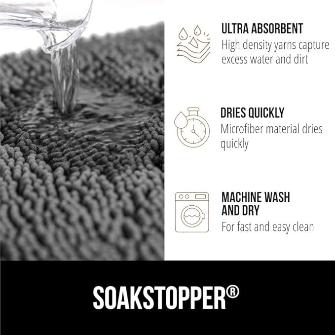 GORILLA GRIP SoakSTOPPER Dog Door Mat, 30x20 Machine Washable Rug Absorbent Doormat Captures Moisture Mud Dirt, Quick Dry Soft Chenille Entryway Rugs Indoor Entrance Mats for Dog Paws, Grey