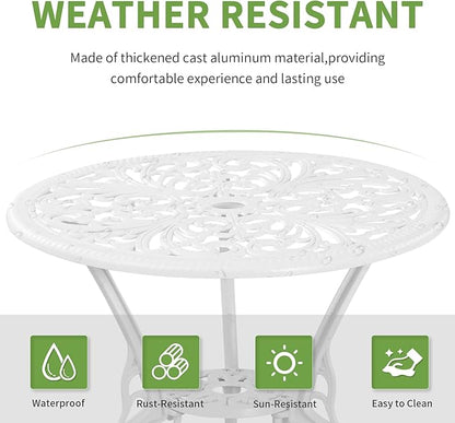 3 Piece Patio Set Outdoor Cast Aluminum Patio Bistro Table and Chairs Set of 2,All Weather Outdoor Bistro Sets with 1.97" Umbrella Hole for Front Porch Set,Garden(White)