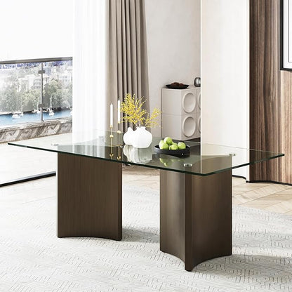 Asday 78” Modern Glass Dining Table, Rectangular Tempered Glass Kitchen Table with Dual Triangular Stainless Steel Pedestal for Living Room, Kitchen, Dining Room, Brushed Bronze