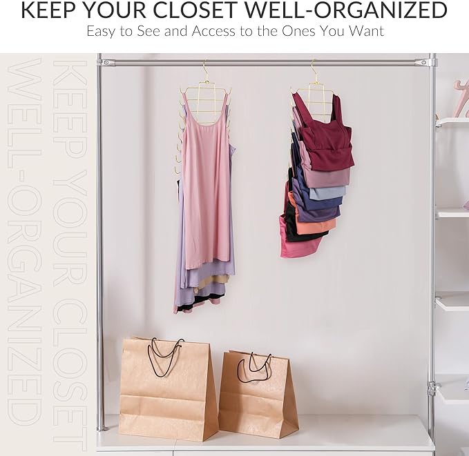 ZEDODIER Tank Top Hanger Space Saving, Bra Hangers for Closet Organizer, Hanging Bra Organizer Tank Tops Holder with 8 Hooks, Metal Closet Organizers and Storage Small Space Solutions, Gold