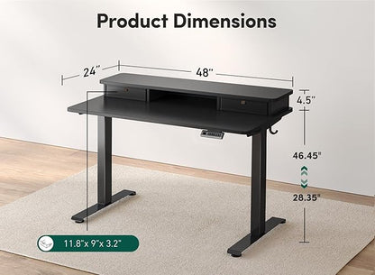 FEZIBO 48 x 24 Inch Height Adjustable Electric Standing Desk with Double Drawer, Computer Desk, Home Office Stand Up Table with 4 Height-Adjustable Feets & 2 Hooks, Black