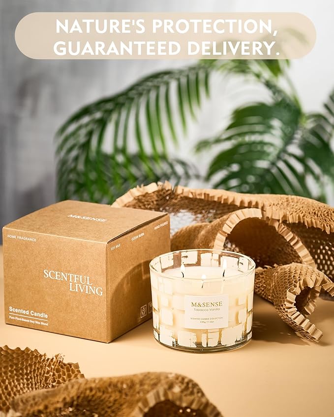 M&SENSE Tobacco Vanilla Scented, Soy Wax 11.6oz 60 Hours Clean Non Toxic Slow Burn,3 Wick Highly Scented Aromatherapy Candles for Relaxation, Holiday Gifts for Men&Women