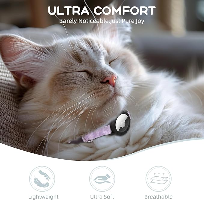 AirTag Cat Collars, Stretchy Collar with Apple AirTag Holder and Bell, Breakaway Ultra Design Elastic GPS Tracking Collars for Cats and Puppies, (7.5-12.5 Inch), Purple