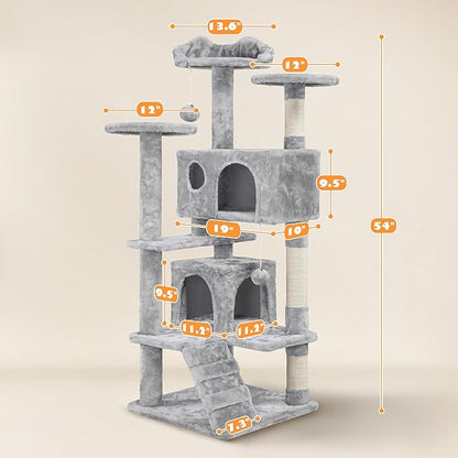 Yaheetech 54in Cat Tree Cat Tower w/Scratching Posts, Double Condos and Dangling Balls Kittens Pet House Play, Light Gray