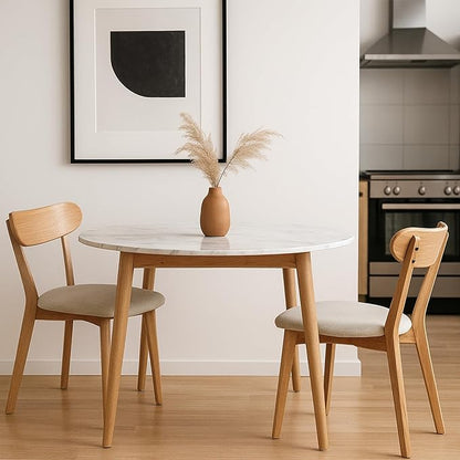 Set of 2 Solid Wood Dining Chairs,FAS-Grade North American Oak, Ergonomic Curved Backrest & Pear White Thick Upholstered Seats,Oak Padded Dining Chairs for Heavy People,Easy Assembly