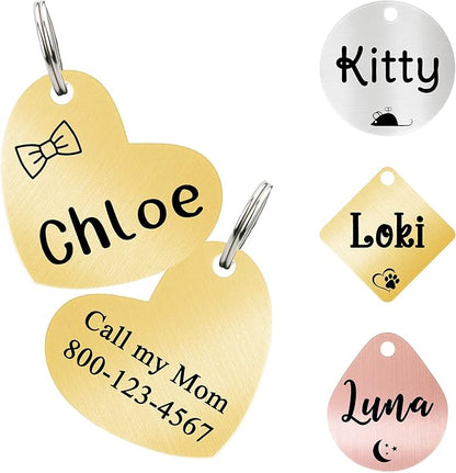 Ultra Joys Cat ID Tag Personalized Pet Tags, Durable Stainless Steel Small Pet Mini Dog Cat Tag Lightweight -Heart Tag in Gold