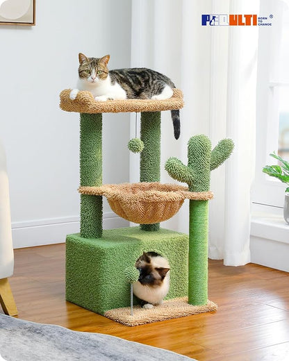 PEQULTI 4-in-1 Cactus Cat Tree, 33'' Cat Tower for Indoor Cats with Large Condo, Cat Scratching Post for Cats with Deep Hammock& Cozy Top Perch,Green