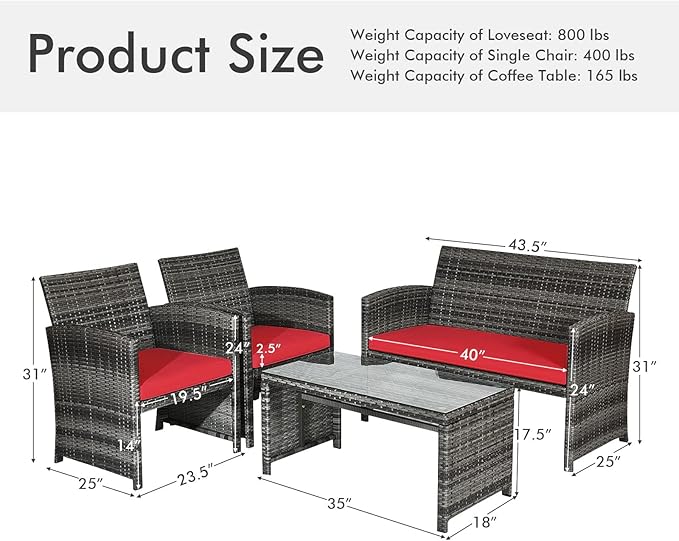 Goplus 4-Piece Rattan Patio Furniture Set, Outdoor Wicker Conversation Sofa with Weather Resistant Cushions and Tempered Glass Tabletop for Lawn Backyard Pool Garden (Red)
