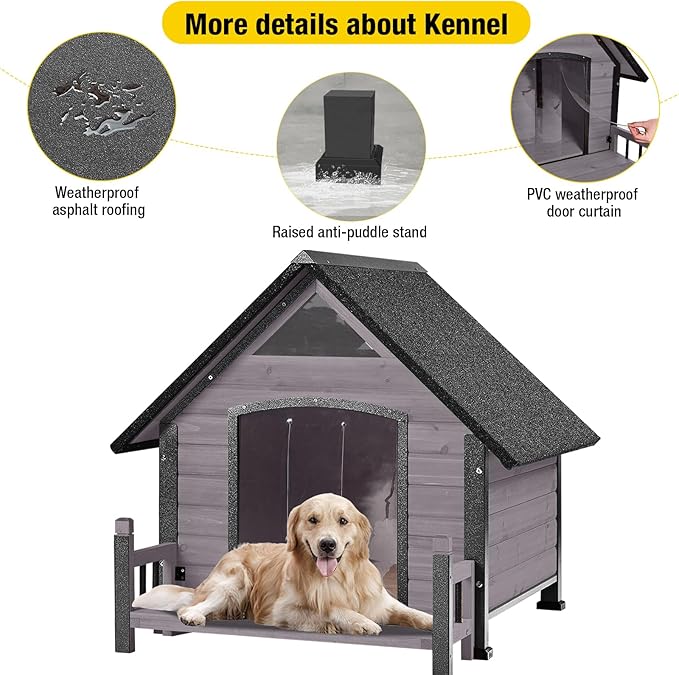 Dog House Outdoor, Insulated Dog Kennel Outside for Large Breed, 50.87" L Weatherproof Large Dog Shelter with Anti-Chewing Iron Frame (Grey, 45" D x 32.9" W x 32.6" H)