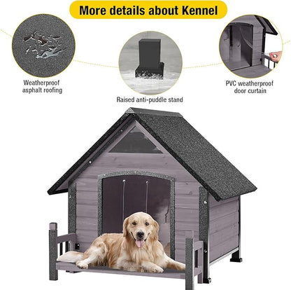 Dog House Outdoor, Insulated Dog Kennel Outside for Large Breed, 50.87" L Weatherproof Large Dog Shelter with Anti-Chewing Iron Frame (Grey, 45" D x 32.9" W x 32.6" H)
