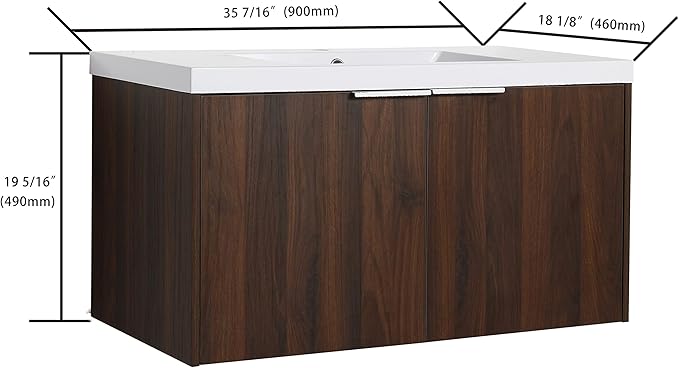 Goujxcy 36" Wall Mounted Bathroom Vanity with Sink, Modern Floating Bathroom Cabinet with White Resin Wash Basin & Storage Cabinet, Soft-Close Door Wood Hanging Bath Room Cabinet