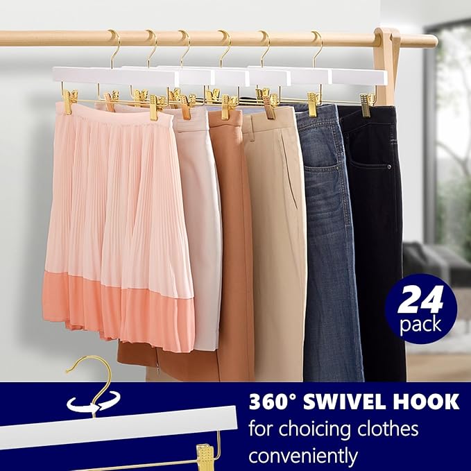 Amber Home 24 Pack White Wooden Pants Hangers with Gold Clips, Wood Skirt and Trouser Hangers for Jeans, Slacks, Shorts