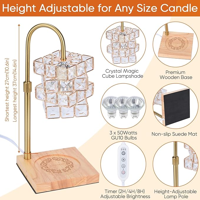 Candle Warmer Lamp with Timer,Electric Candle Warmer Dimmable and Height Adjustable Wax Melt Warmer for Scented Wax Jar Candles,Aromatherapy Decorative Candle Heater Home Fragrance Warmer