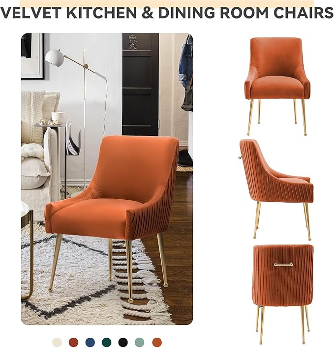 Dining Chairs, Accent Chairs Set of 6, Modern Upholstered Kitchen Dining Room Chairs with Gold Legs, Fabric Tufted Velvet Living Room Chairs for Reception Room Bedroom Guest Room (Orange)