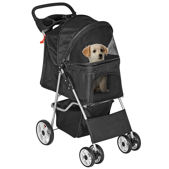 4 Wheels Dog Stroller Folding Pet Strolling Cart for Small Medium Cats Puppies Portable Jogger Travel Camping Puppy Carrier with Storage Basket Cup Holder, Black