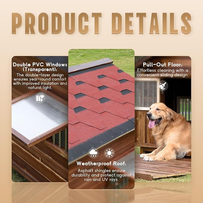 Extra Large Dog House Outdoor Made of Solid Pine Wood, Warm Doghouse, Dog House with Elevated Floor for Large Dogs, (Wood, 2XL)